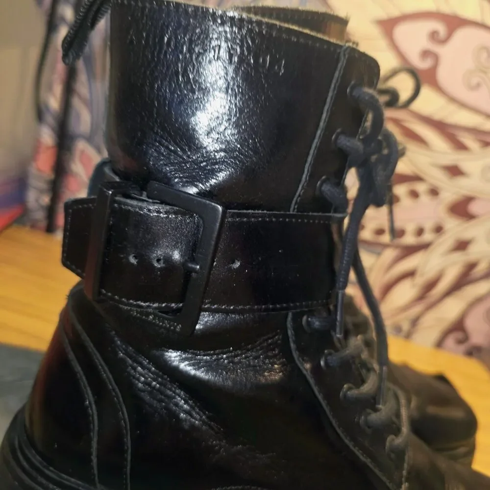 ALLSAINTS Sz 7 ONYX Black Combat Lace Up Zipper Buckle Lug Sole Moto Biker Boots - Picture 3 of 16
